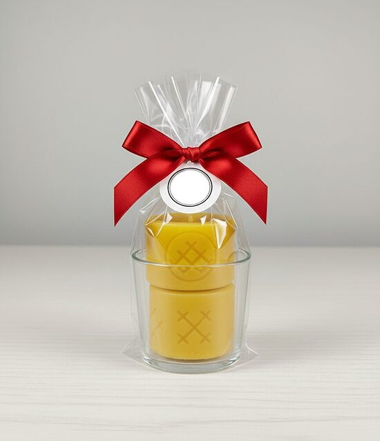 Ethno - Beeswax candle set with 2 pcs. candles in glass holder